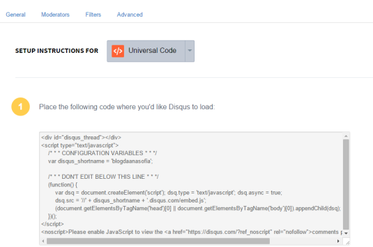 Captura de tela do Disqus com o código universal para a Landing Page de Webinar